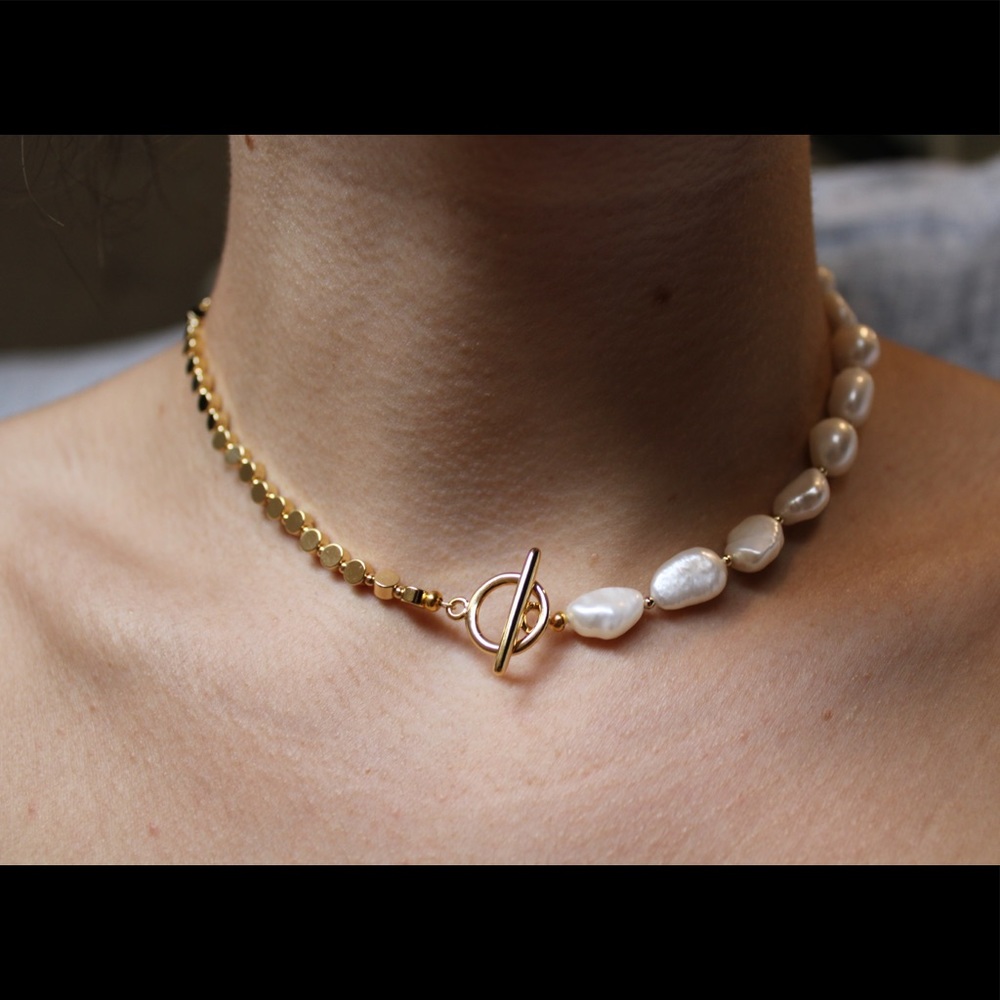 18k Gold Beaded Asymmetrical Pearl Necklace | Reversible Front Toggle Bar Clasp